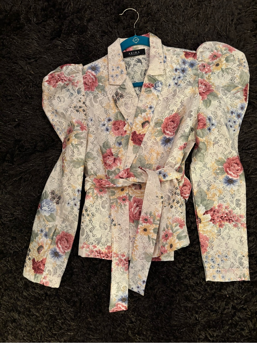 AKIRA Cream Floral Lace Puff Sleeve Wrap Jacket Top